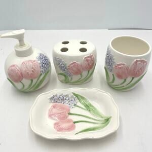 Vintage Mary Ann Baker Otagiri Japan Hand Painted Embossed Bath Set- 4 Piece
